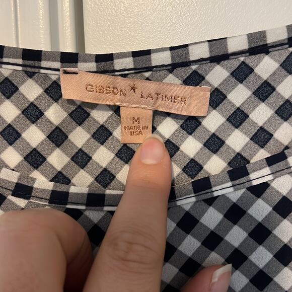 Gibson Latimer Navy & White Checkered Ruffle Sleeve & Trim Top - Picture 5 of 10